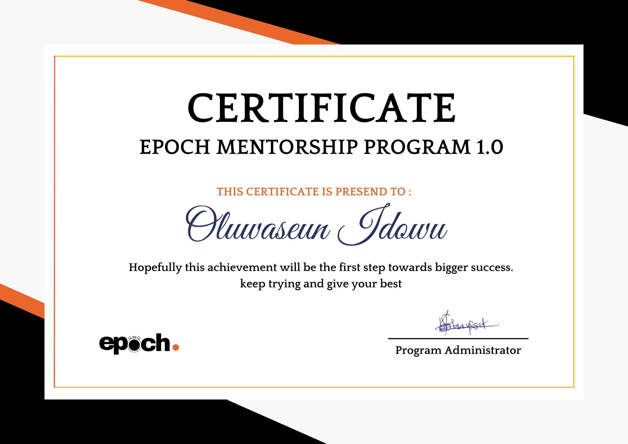 Epoch mentorship programme certificate
